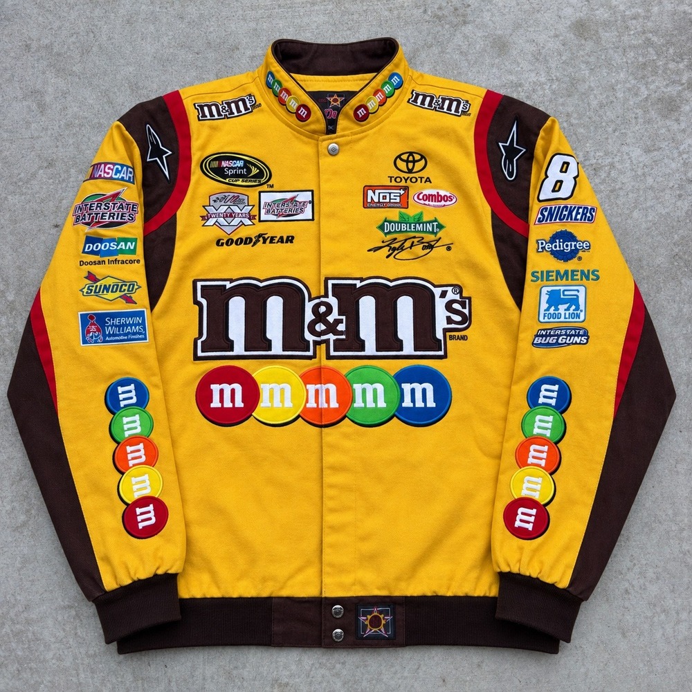 JH Design Kyle Busch M&M's NASCAR Racing Jacket Yellow Brown XL 90s y2k